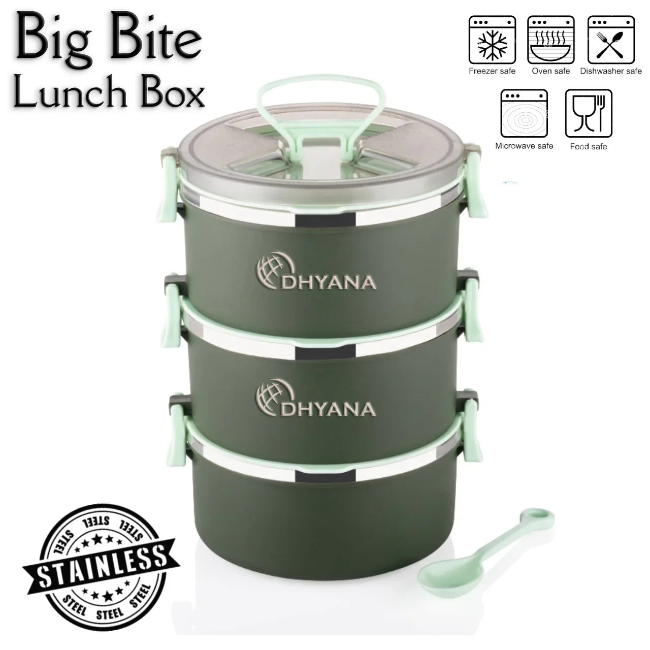 Big Bite 3 Layer SS Lunch Box | 300ml x 3 Airtight Tiffin | Premium Lunch Box for Office, Kids & Travel