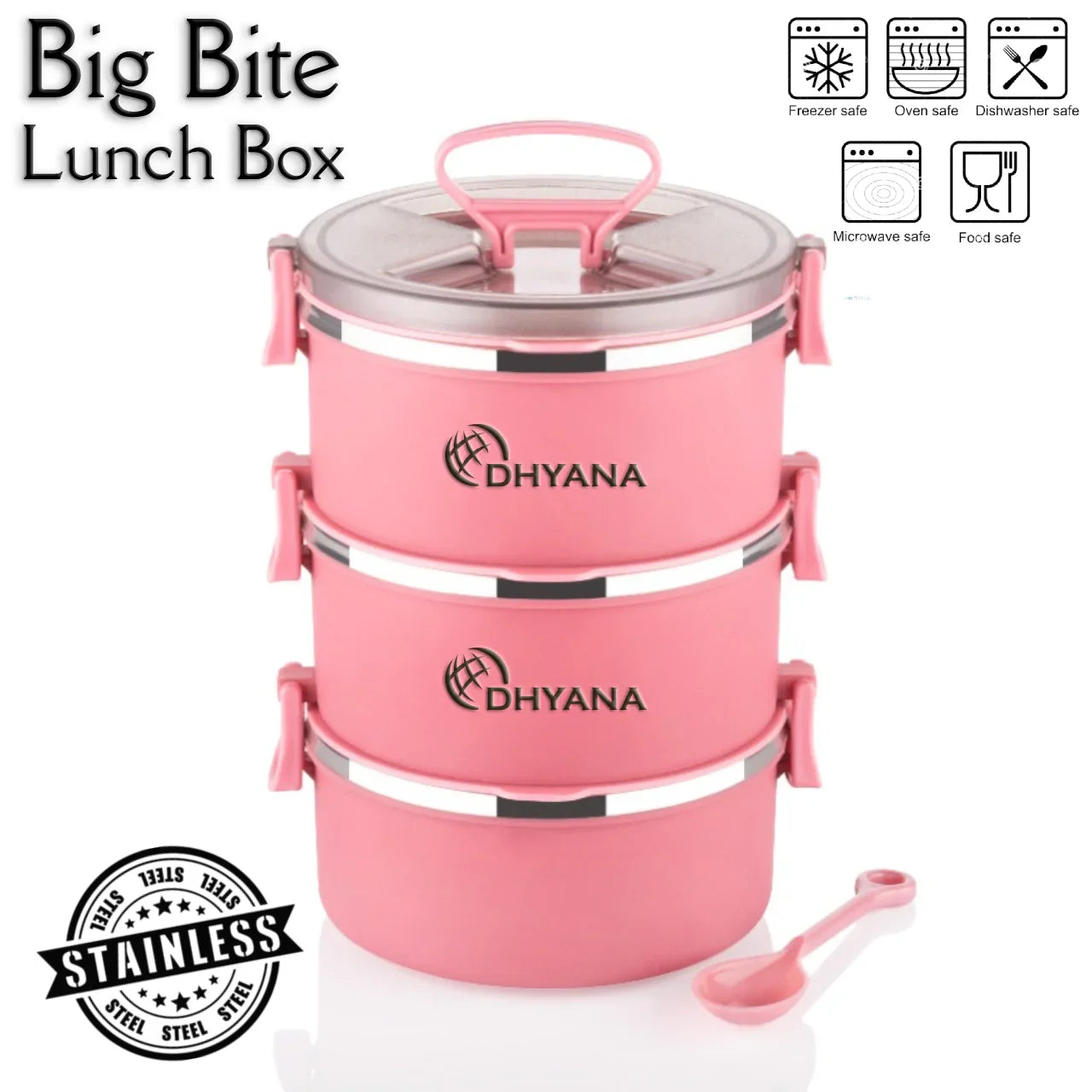 Big Bite 3 Layer SS Lunch Box | 300ml x 3 Airtight Tiffin | Premium Lunch Box for Office, Kids & Travel