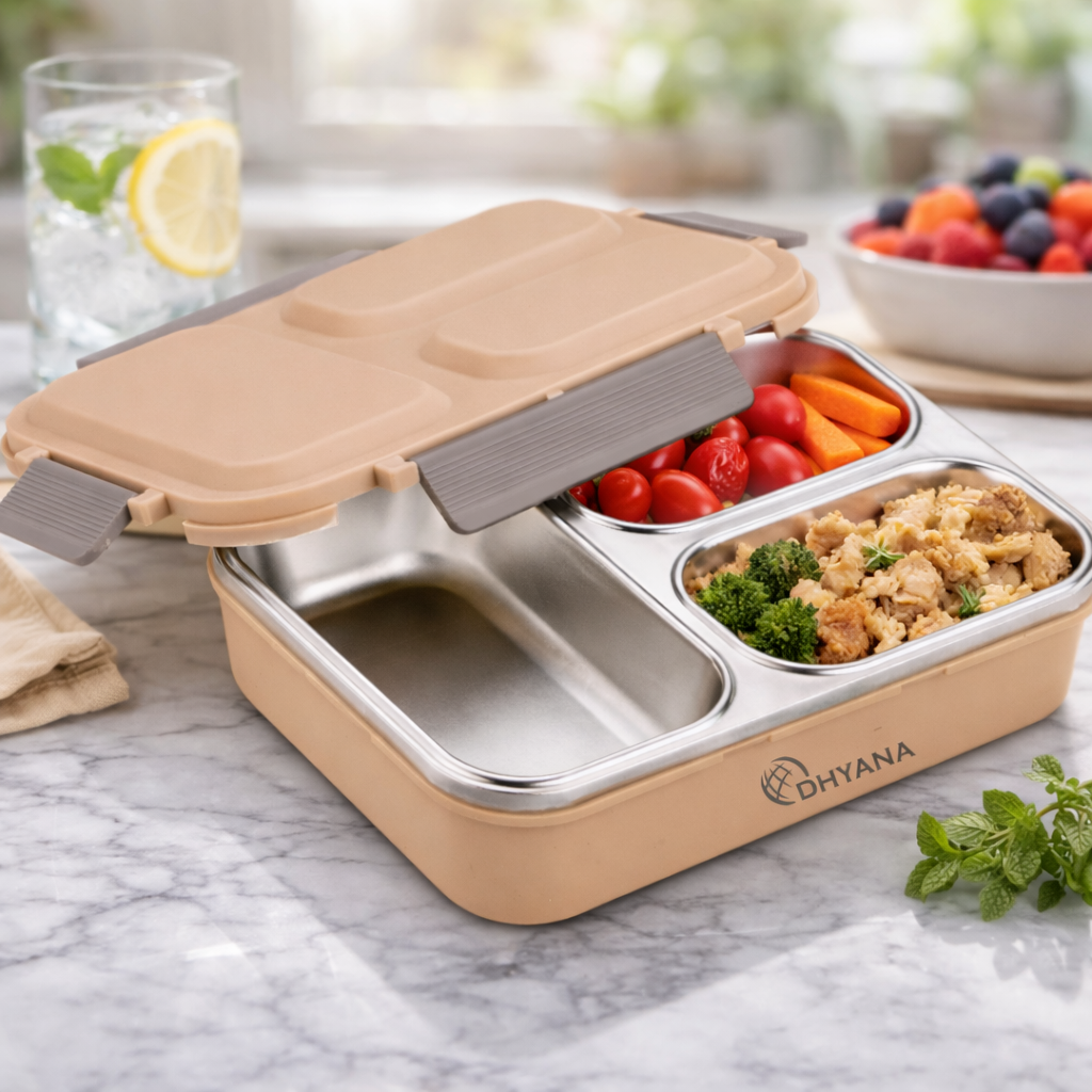 Dhyana Metro Lunchbox | Premium Steel 3 Compartment Tiffin Box | Leak Proof & Thermal Insulated