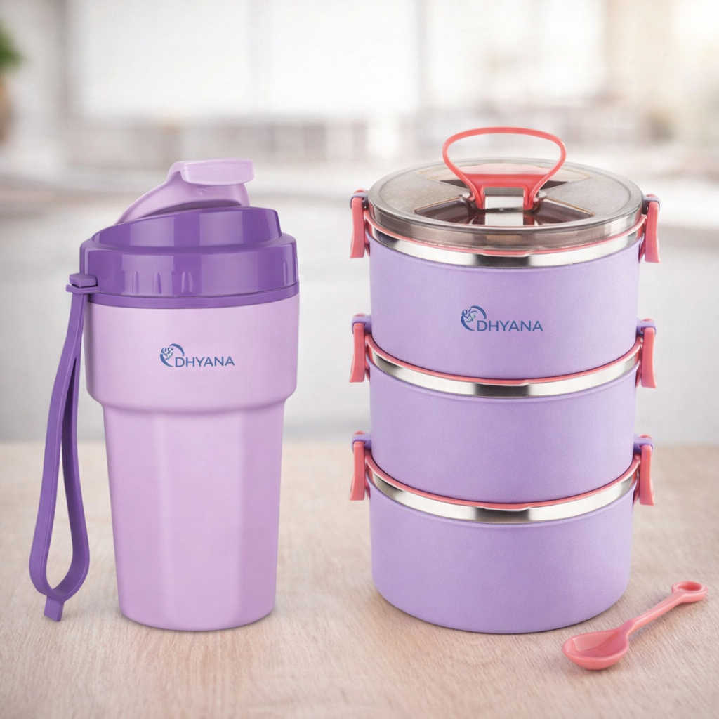 Buy 1 Get 1 Offer Big Bite 3 Layer Steel Lunch Box with 400ml Steel Inner Stylish Sipper Bottle