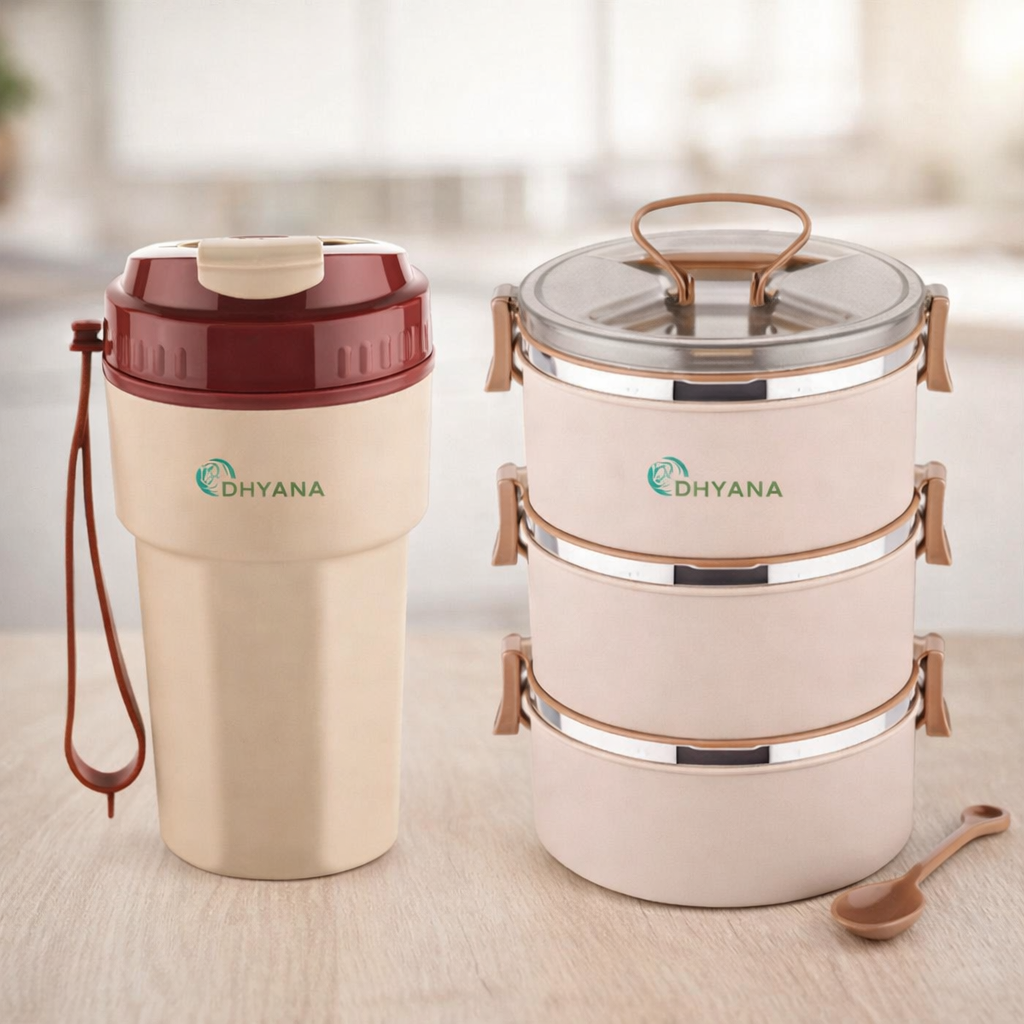 Buy 1 Get 1 Offer Big Bite 3 Layer Steel Lunch Box with 400ml Steel Inner Stylish Sipper Bottle