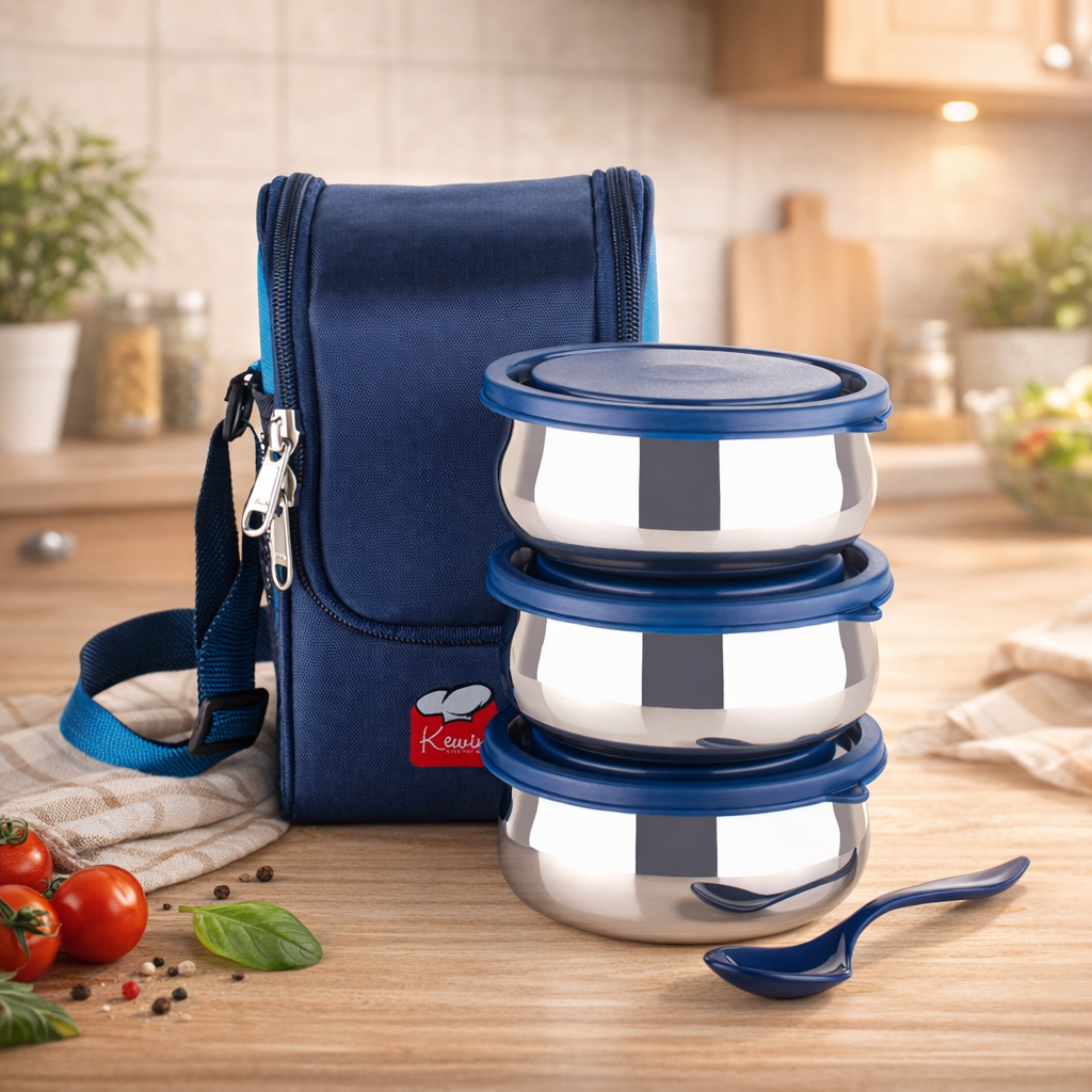 MidDay 3 Layer SS Tiffin with Bag | Leakproof Tiffin for Office, Kids & Travel Lunchbox | 250ml each Bowl