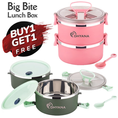 Buy 1 Get 1 Free Big Bite 2 Layer SS Lunch Box | Leakproof Tiffin for Office, Kids & Travel | 300ml each Bowl