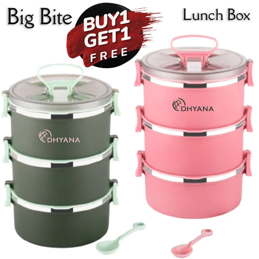 Buy 1 Get 1 Free Big Bite 3 Layer SS Lunch Box | Leakproof Tiffin for Office, Kids & Travel | 300ml each Bowl