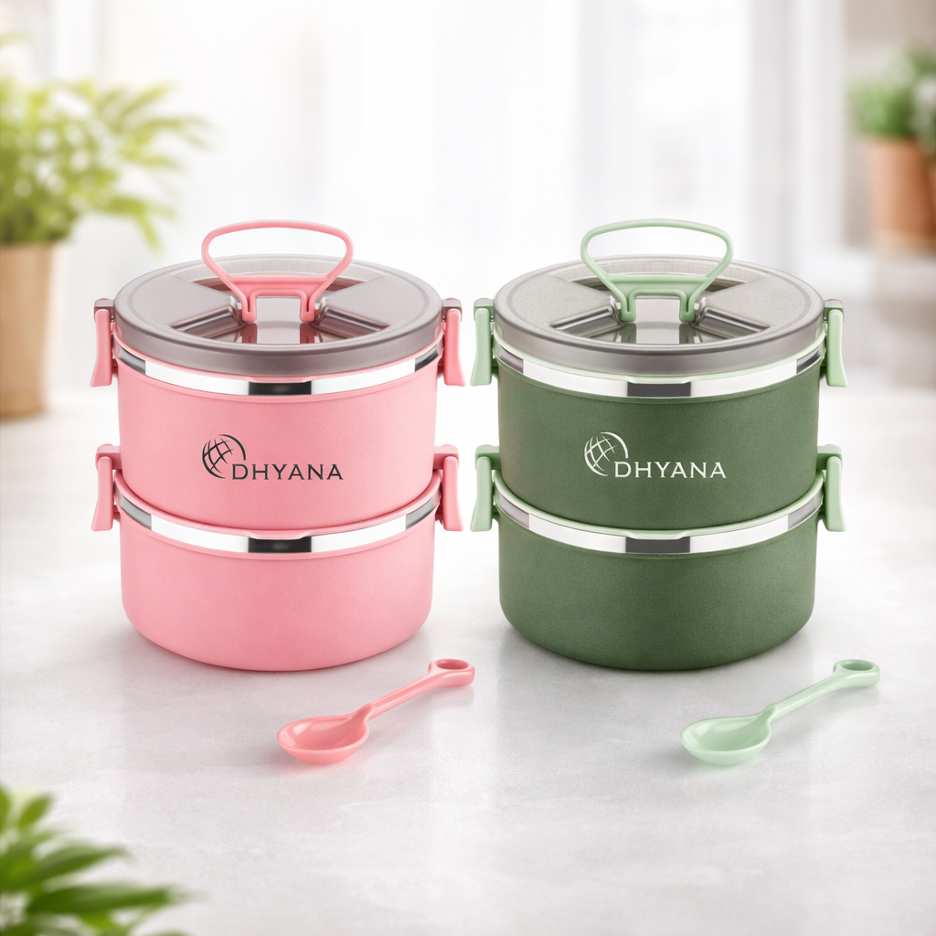 Buy 1 Get 1 Free Big Bite 2 Layer SS Lunch Box | Leakproof Tiffin for Office, Kids & Travel | 300ml each Bowl