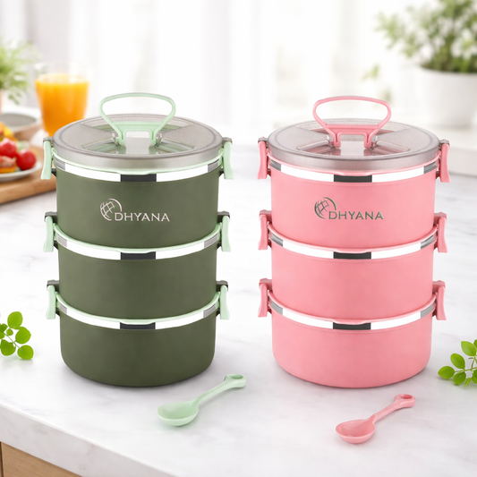 Buy 1 Get 1 Free Big Bite 3 Layer SS Lunch Box | Leakproof Tiffin for Office, Kids & Travel | 300ml each Bowl