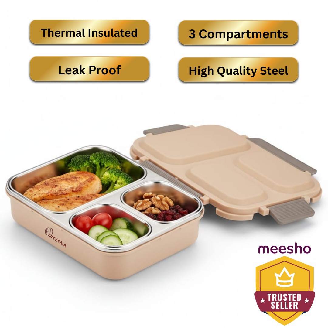 Dhyana Metro Lunchbox | Premium Steel 3 Compartment Tiffin Box | Leak Proof & Thermal Insulated