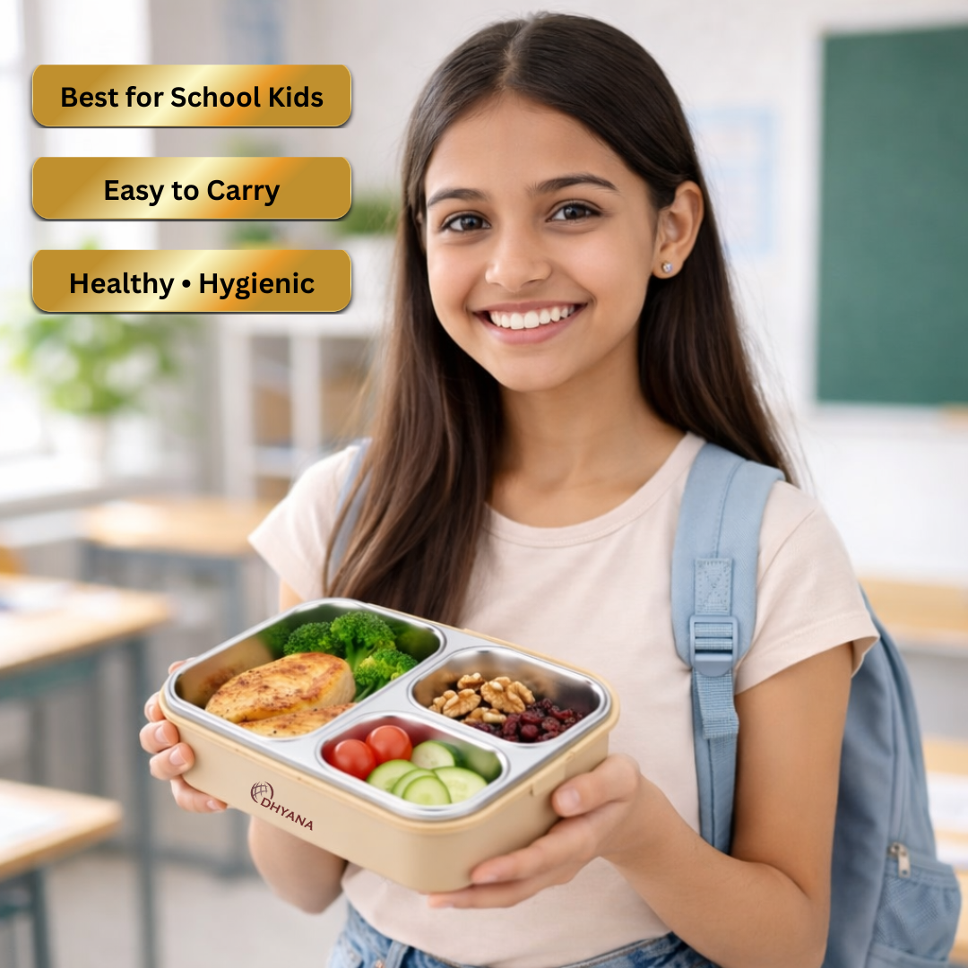 Dhyana Metro Lunchbox | Premium Steel 3 Compartment Tiffin Box | Leak Proof & Thermal Insulated