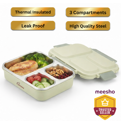 Dhyana Metro Lunchbox | Premium Steel 3 Compartment Tiffin Box | Leak Proof & Thermal Insulated