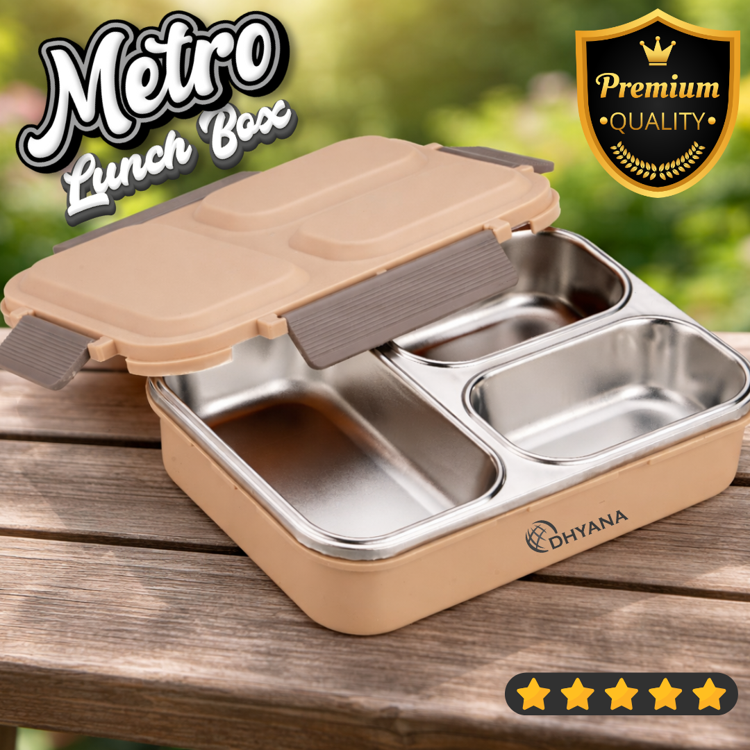 Dhyana Metro Lunchbox | Premium Steel 3 Compartment Tiffin Box | Leak Proof & Thermal Insulated