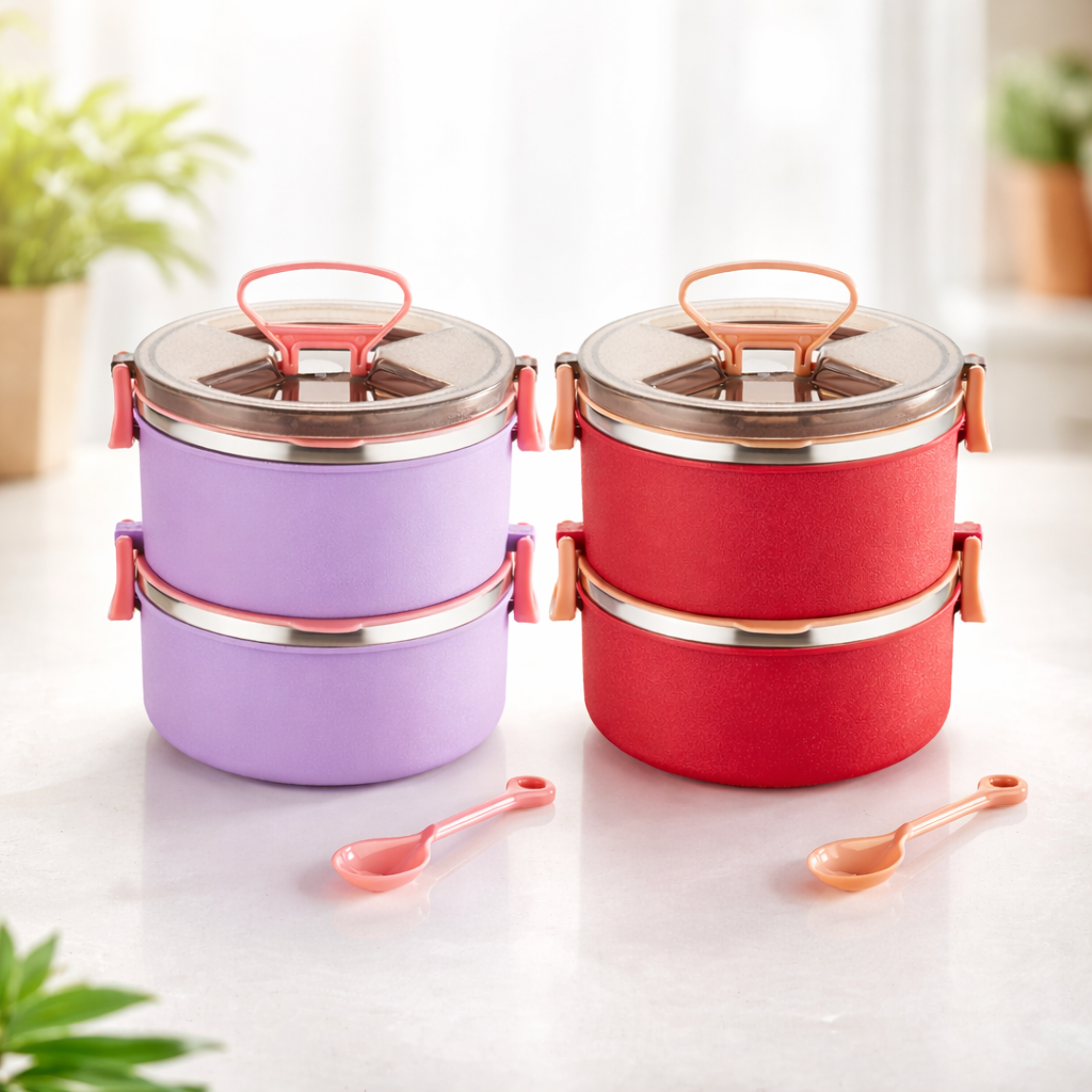 Buy 1 Get 1 Free Big Bite 2 Layer SS Lunch Box | Leakproof Tiffin for Office, Kids & Travel | 300ml each Bowl