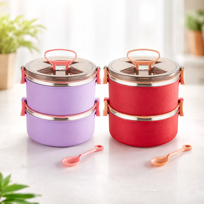 Buy 1 Get 1 Free Big Bite 2 Layer SS Lunch Box | Leakproof Tiffin for Office, Kids & Travel | 300ml each Bowl
