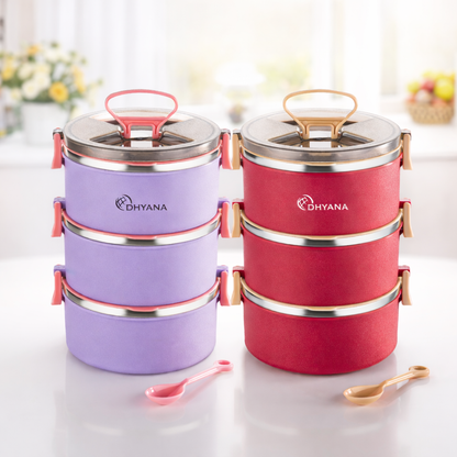 Buy 1 Get 1 Free Big Bite 3 Layer SS Lunch Box | Leakproof Tiffin for Office, Kids & Travel | 300ml each Bowl