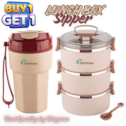 Buy 1 Get 1 Offer Big Bite 3 Layer Steel Lunch Box with 400ml Steel Inner Stylish Sipper Bottle