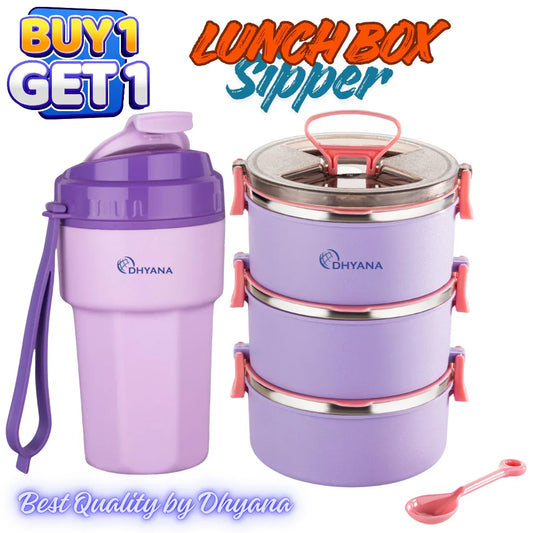 Buy 1 Get 1 Offer Big Bite 3 Layer Steel Lunch Box with 400ml Steel Inner Stylish Sipper Bottle
