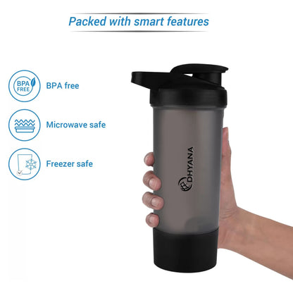 Buy 1 Get 1 Free Protein Shaker & Water Bottle for gym or Cycling with Extra Compartment For Men and Women 600 ml