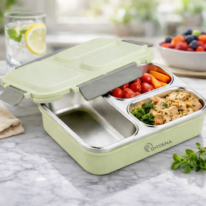 bento lunch box with 3 compartments filled with food